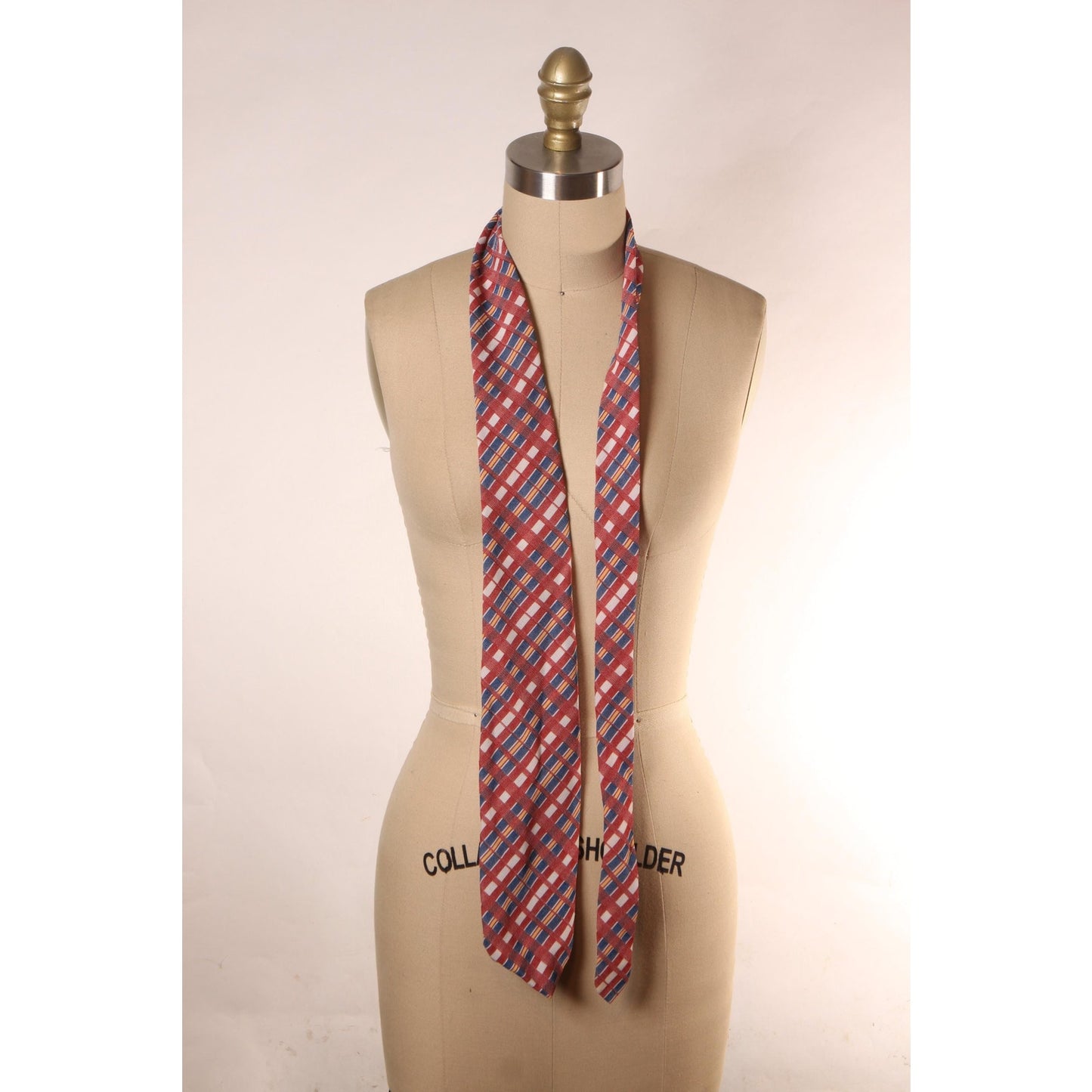 1970s Red, Blue, Yellow and White Plaid Polyester Wide Necktie Tie