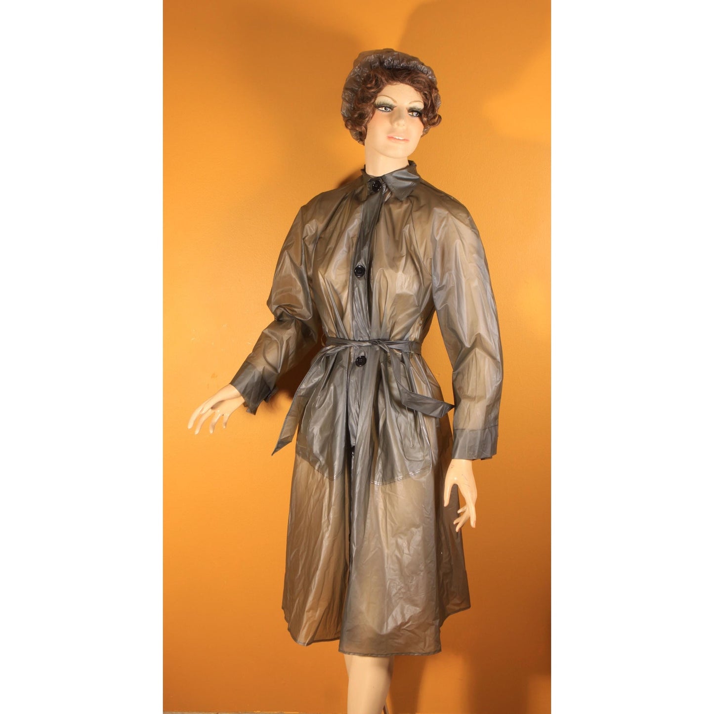 1950s 1960s See Through Gray Button Down Belted Raincoat with Matching Rain Bonnet by Aqua Sheen by Exylin -S