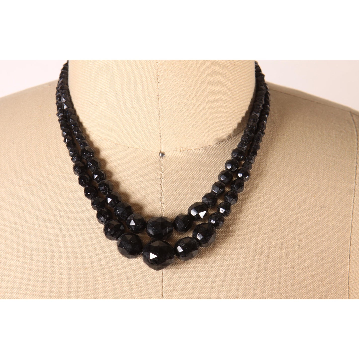 1930s Black Glass Faceted Beaded Double Strand Necklace