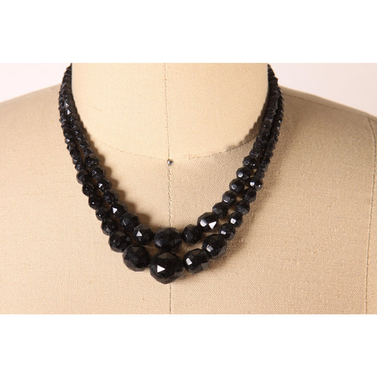 1930s Black Glass Faceted Beaded Double Strand Necklace