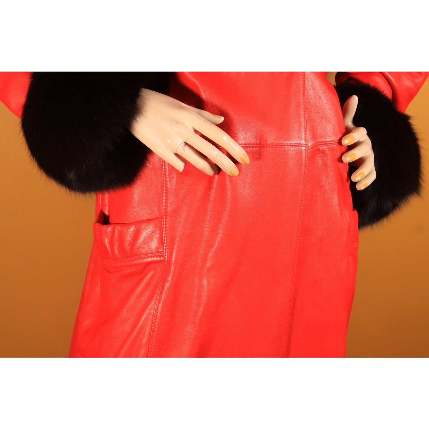 1980s Red Leather and Black Fox Fur Trim Long Sleeve Coat by McDaniel's -XL