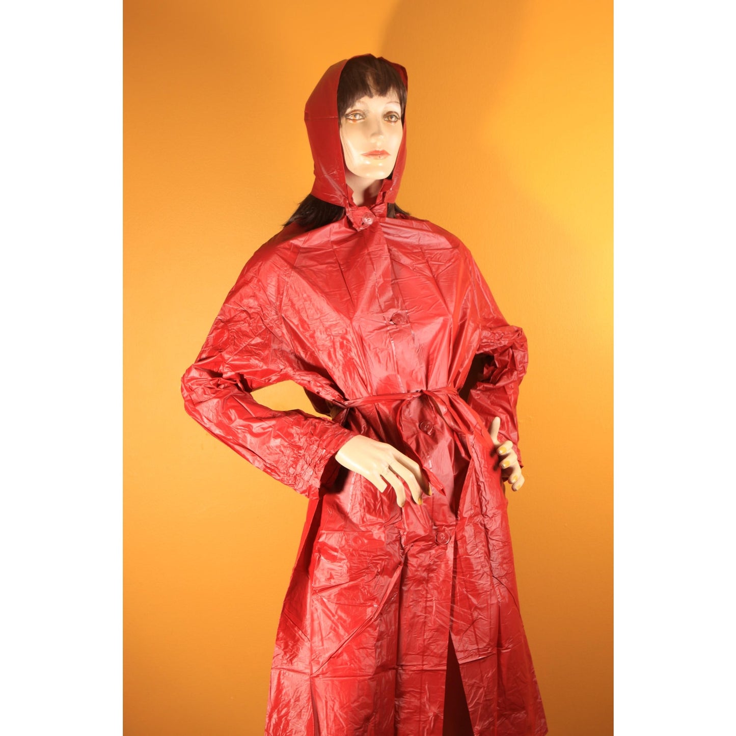 Deadstock Late 1970s Early 1980s Dark Red Vinyl Detachable Hood Raincoat by Aqua Queen