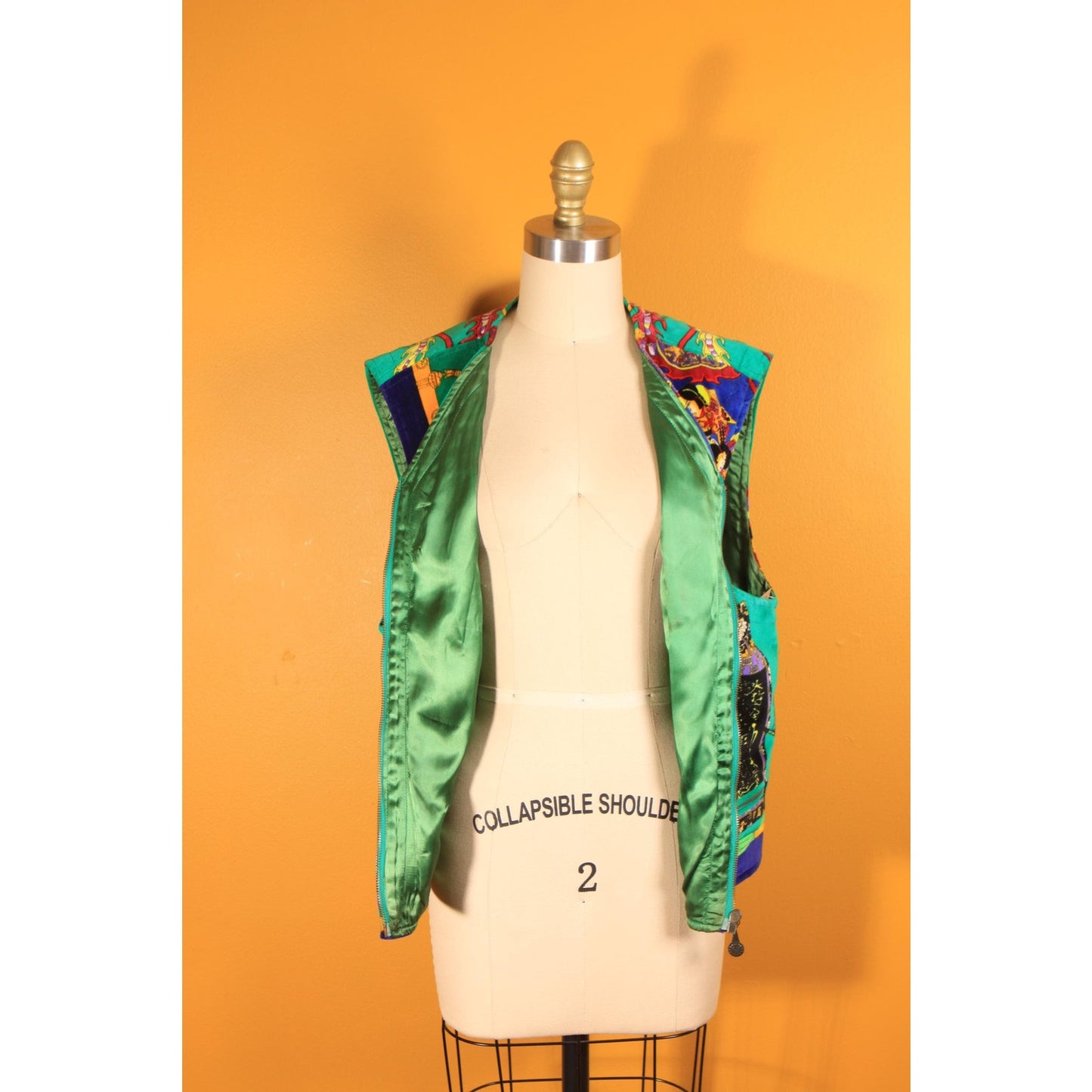 1990s Green and Multi-Colored Novelty Velvet Japanese Samurai Zip Up Vest by Versace Sport -XL-2XL
