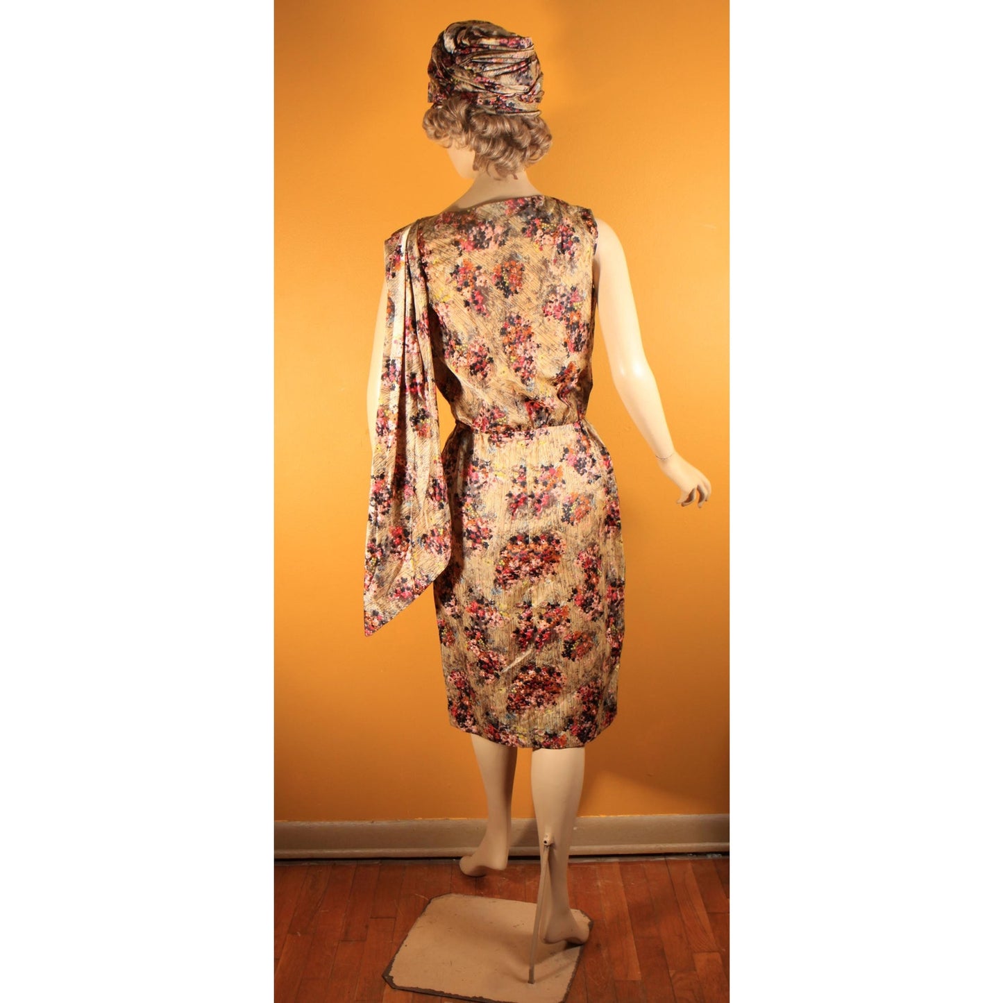 1950s Gray and Purple Floral Waterfall Sash Wiggle Dress with Matching Jacket and Hat Three Piece Outfit by Letizia Fuhr -S