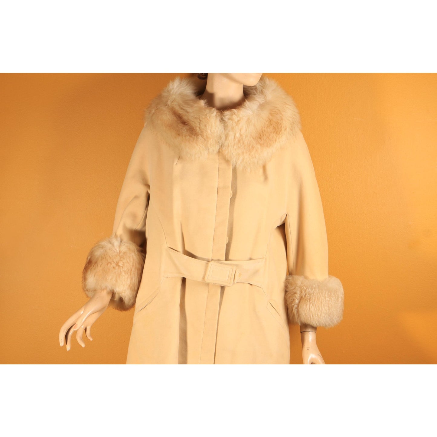 1960s Cream Tan Velvet Bracelet Sleeve Shearling Cuff and Collar Belted Coat by Country Pacer -M-L