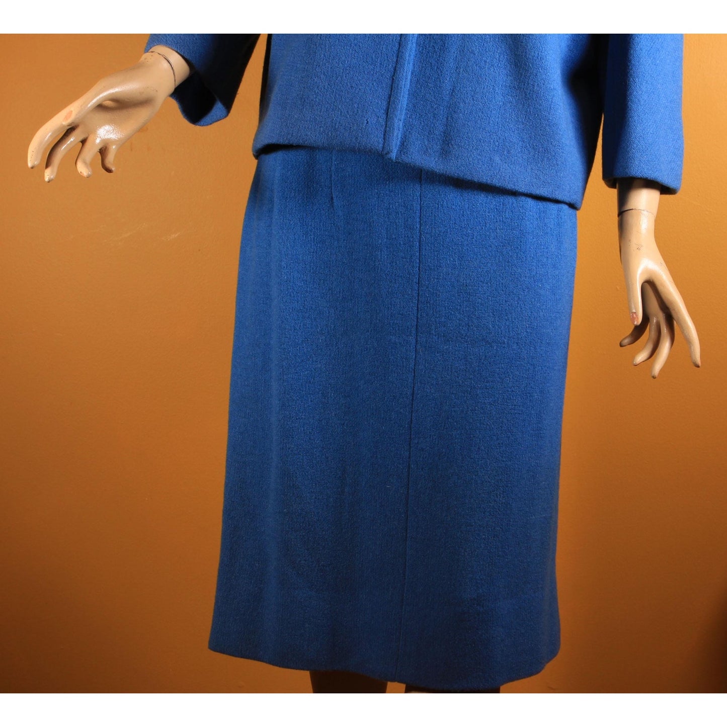 Early 1960s Blue Bracelet Sleeve Fox Fur Collar Jacket with Matching Pencil Skirt Suit Two Piece Outfit by Lilli Ann -1XL