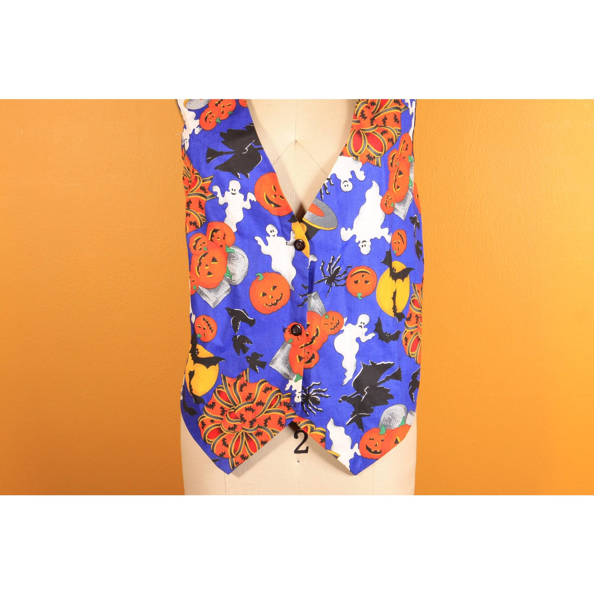 1980s 1990s Blue, Black and Orange Novelty Ghost, Jack-o-Lanterns and Bats Halloween Vest by Ceci -S-M