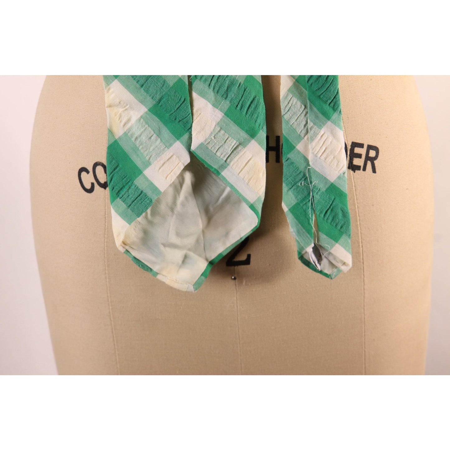 1970s White and Green Plaid Wide Necktie Tie