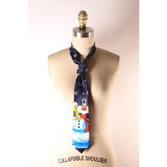 1990s Blue Novelty Tweety Bird and Sylvester Snowman Necktie by Looney Tunes Mania