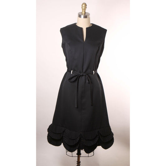 1960s Black Sleeveless V Neck Ruffle Scalloped Hem Rhinestone Detail Belted Formal Cocktail Dress -M