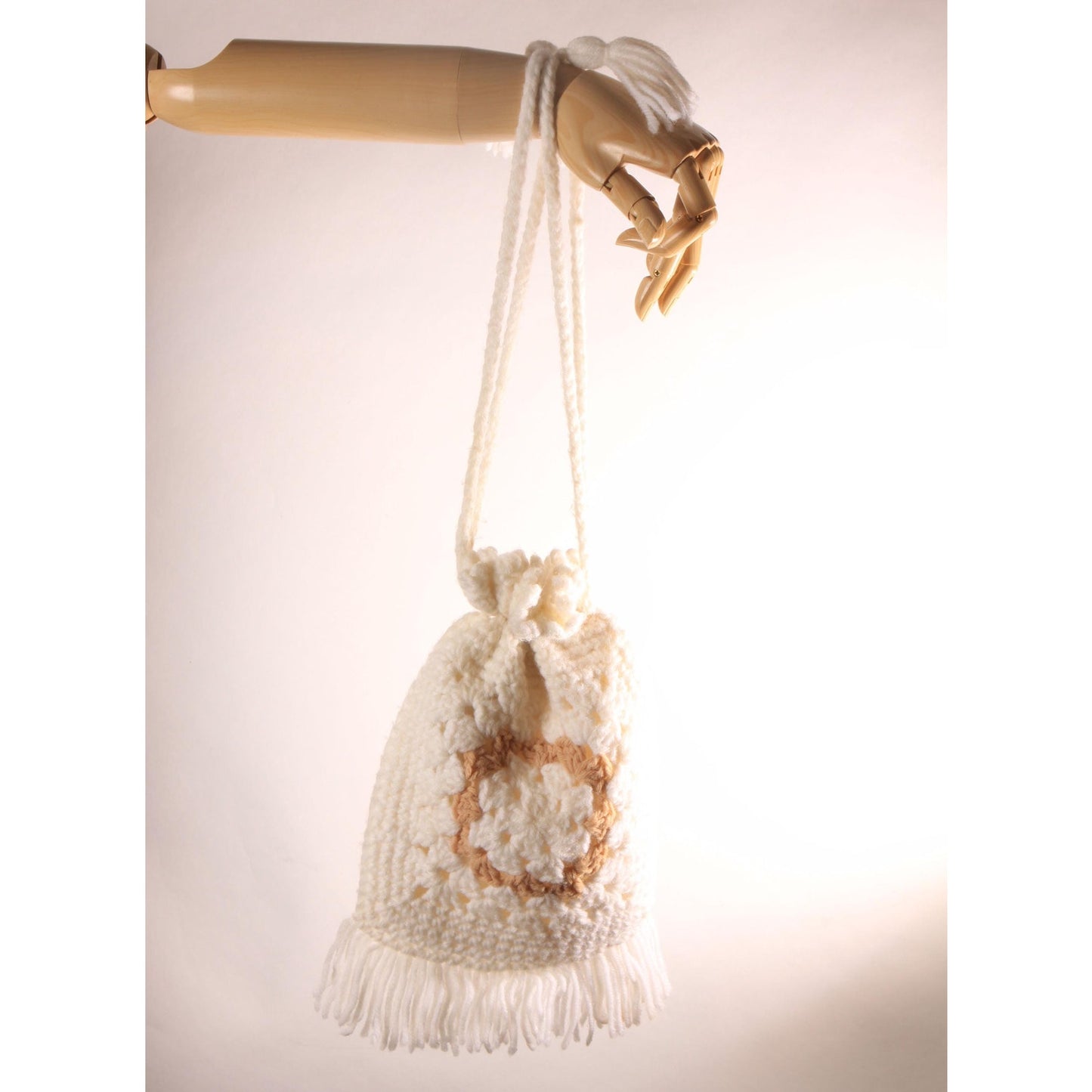 1970s White and Tan Granny Square Crochet Drawstring Fringe Purse Bag