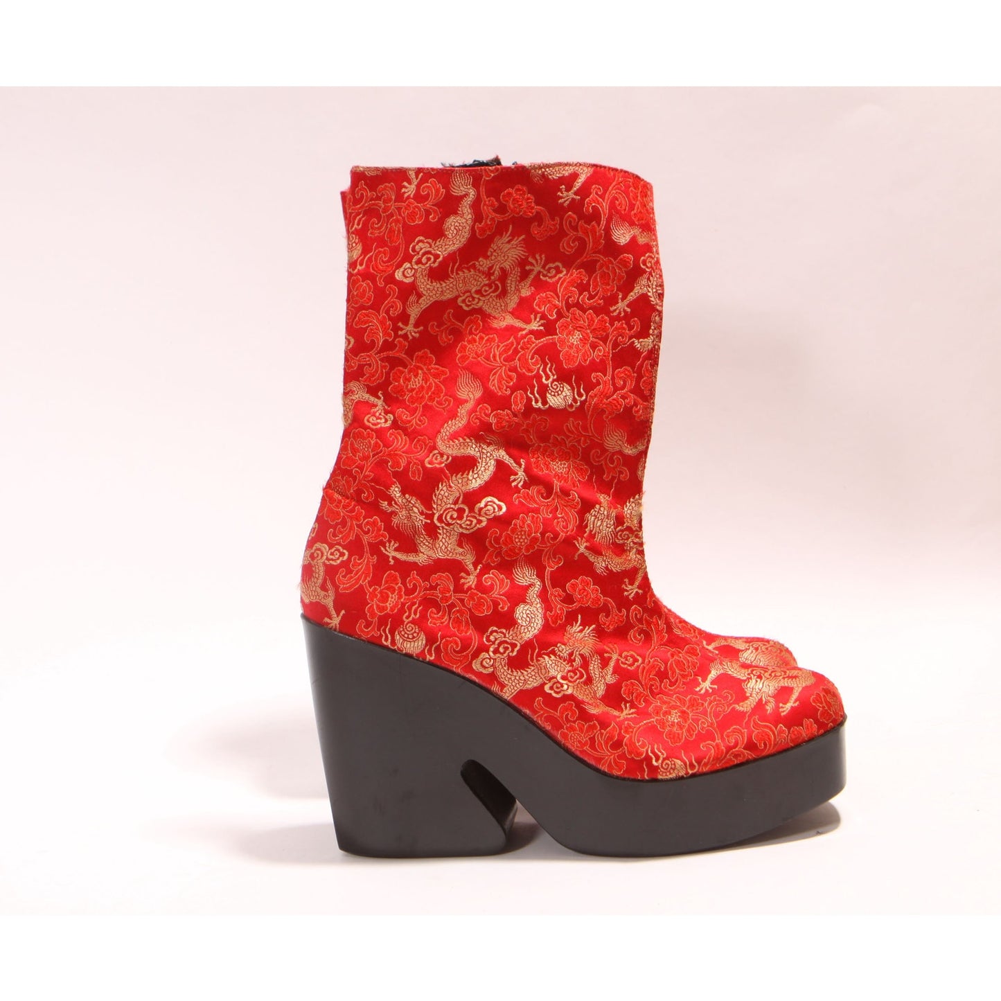 1990s Red, Gold and Black Satin Chinese Dragon Funky Platform High Heel Boots by Scibba -9M