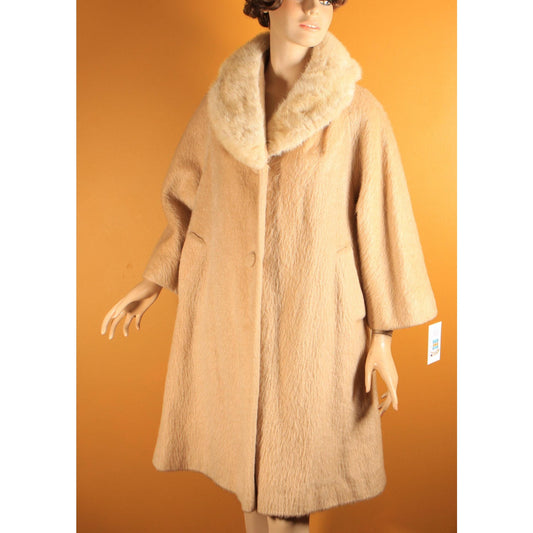 1950s Tan and Cream Bracelet Sleeve Mink Fur Collar Swing Coat by Lilli Ann -M-XL