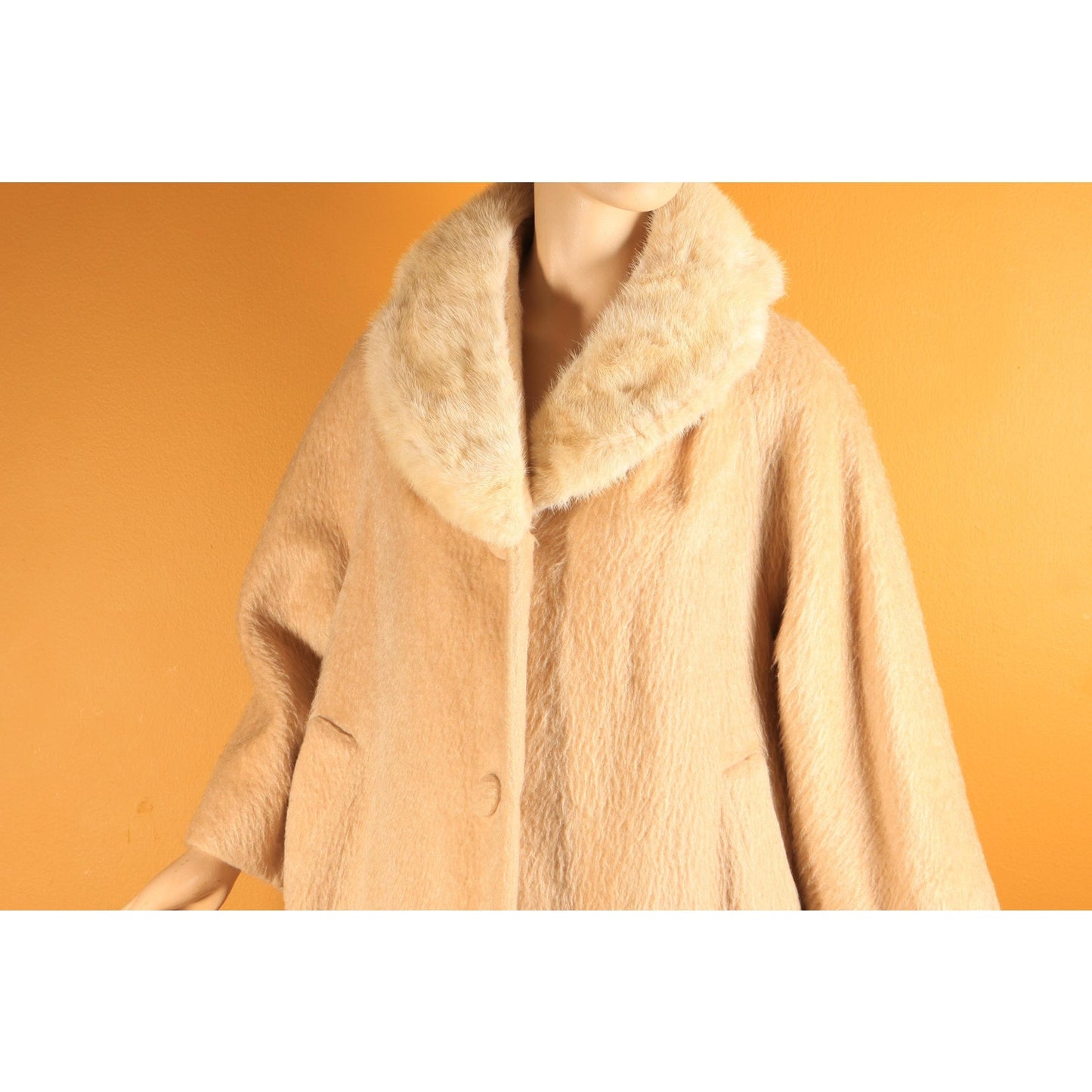 1950s Tan and Cream Bracelet Sleeve Mink Fur Collar Swing Coat by Lilli Ann -M-XL