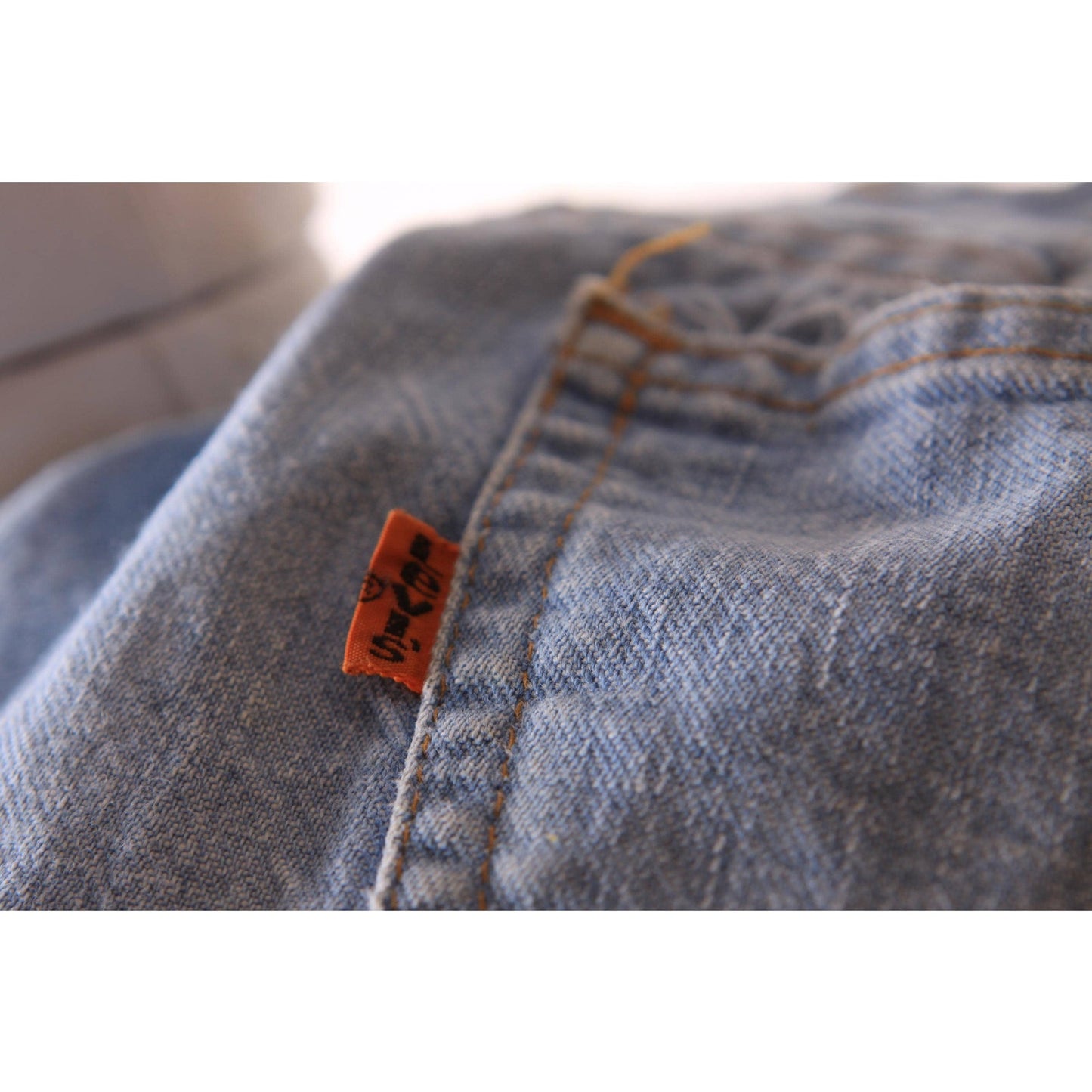 1970s Blue Light Wash Flared Button Fly Denim Orange Tab Jeans by Levi's