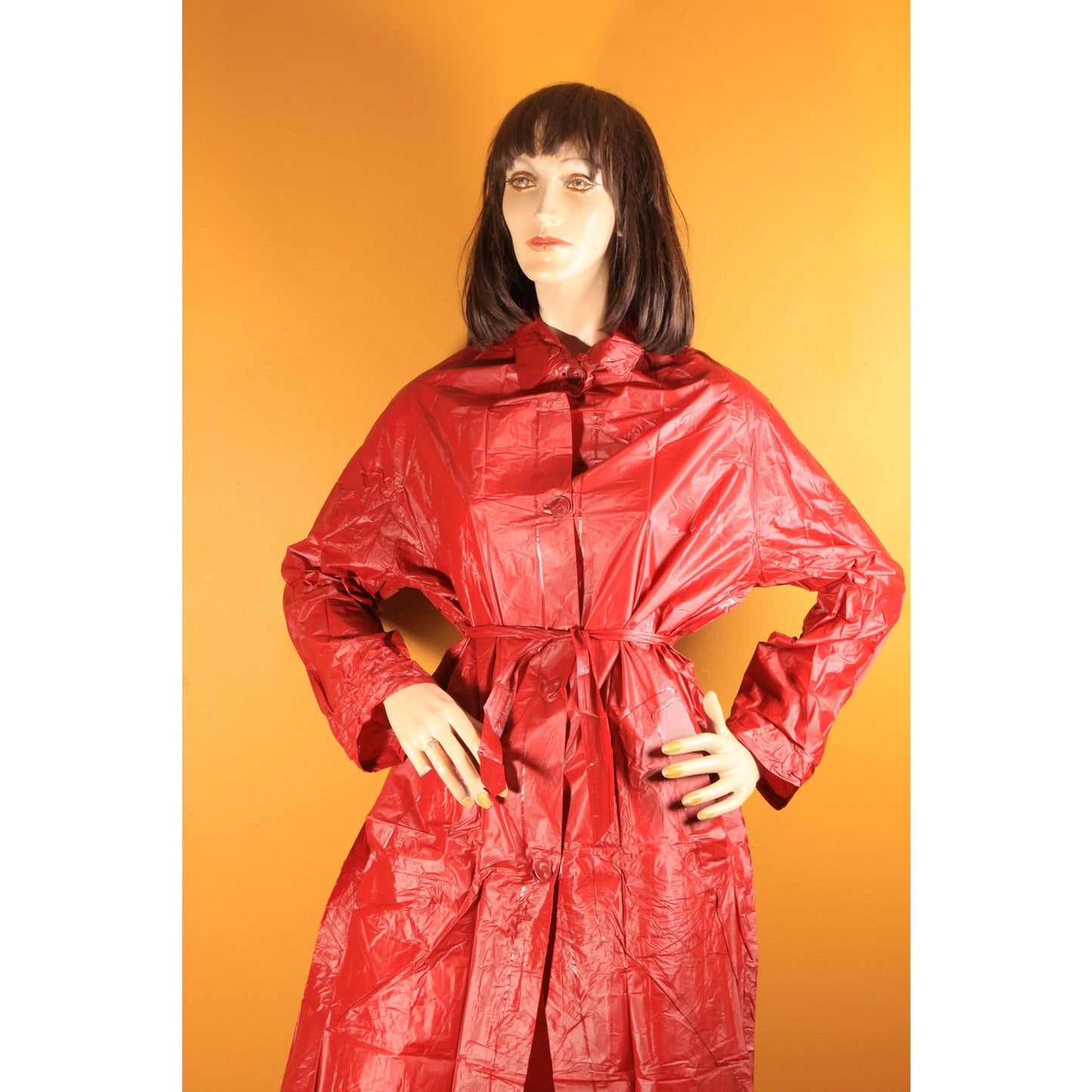 Deadstock Late 1970s Early 1980s Dark Red Vinyl Detachable Hood Raincoat by Aqua Queen