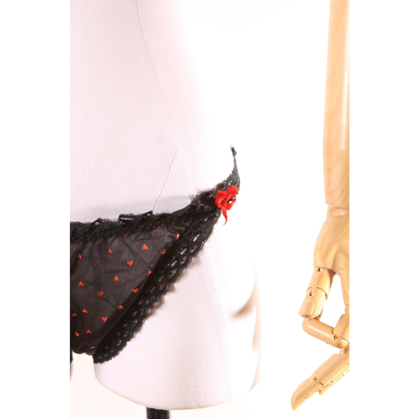 Late 1960s Early 1970s Black and Red Sheer Novelty Heart Print Underwear Panties