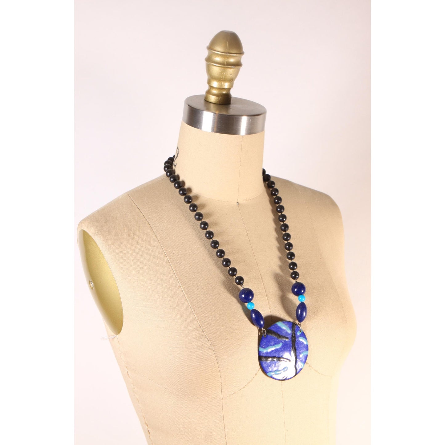 1980s Dark Blue and Light Blue Beaded Enamel Circle Pendant Necklace