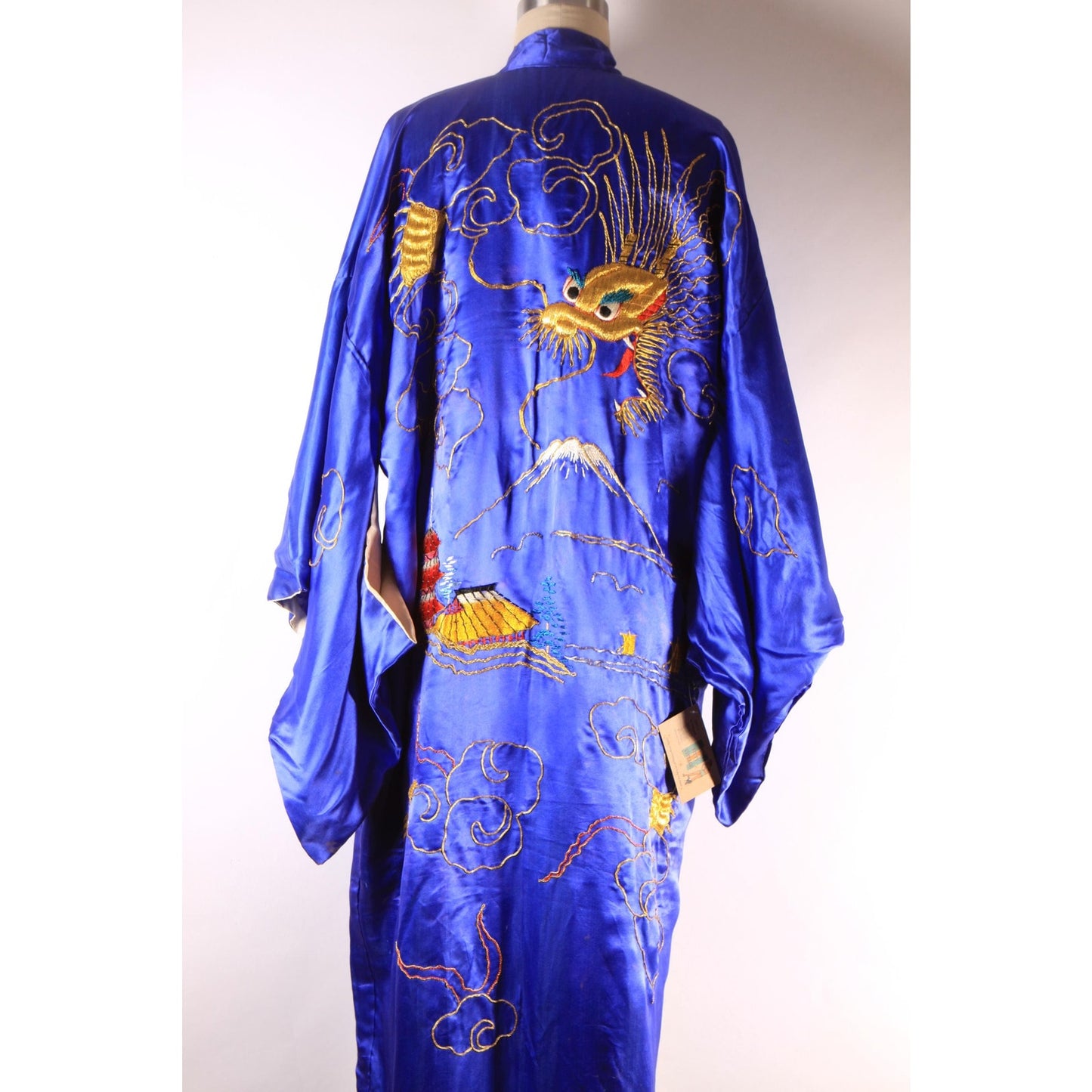1950s Blue, Gold and Red Novelty Japanese Dragon Waist Tie Robe Kimono-L