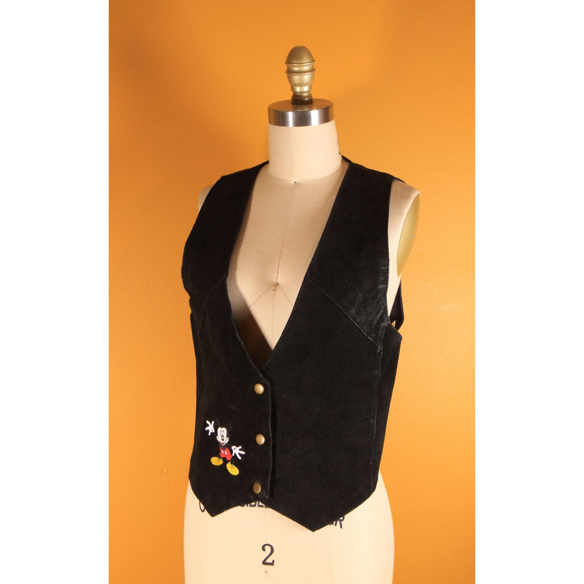 1980s 1990s Black Suede Leather Embroidered Mickey Mouse Vest by Mickey Unlimited -S/M