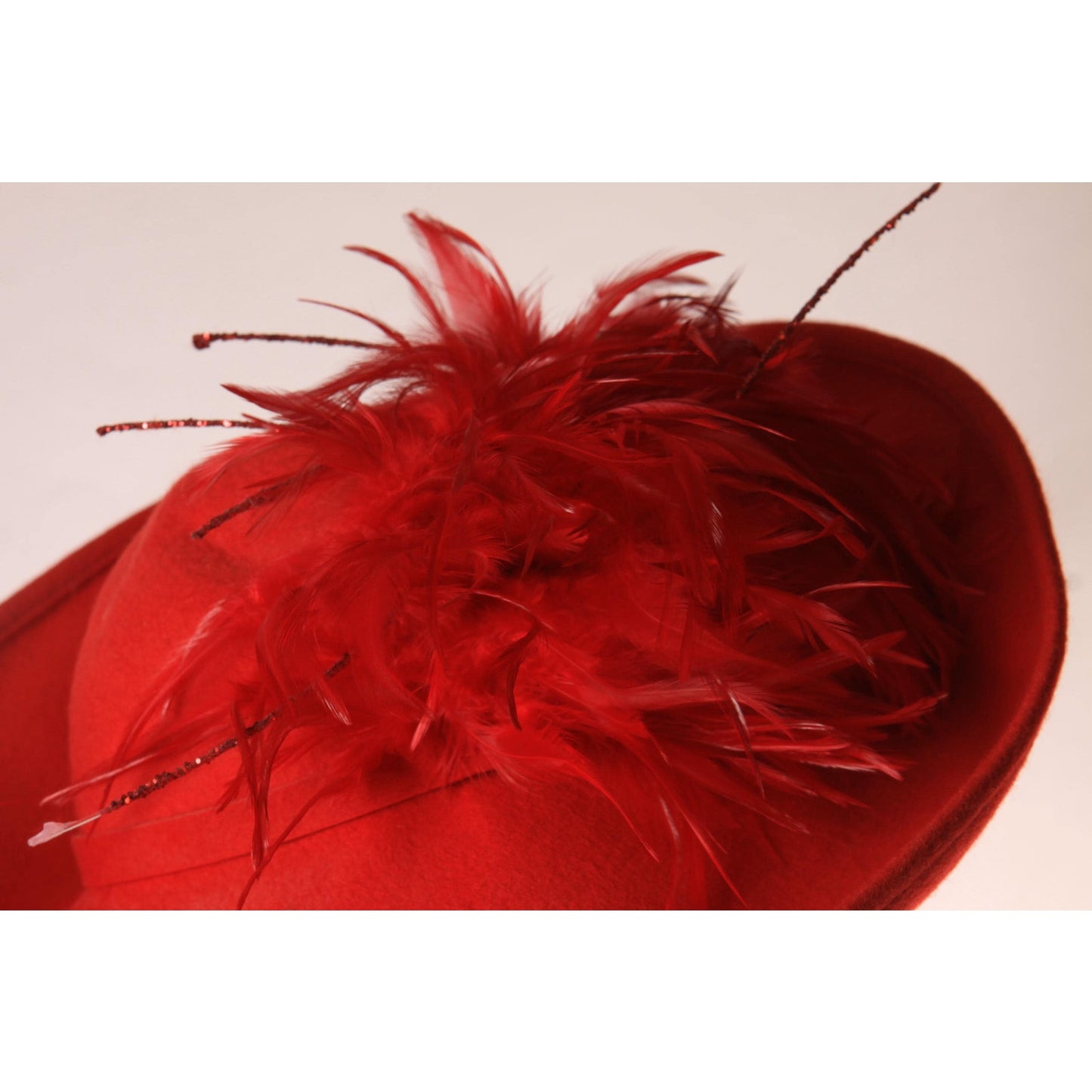 1980s Red Wool Felt Wide Brim Glitter and Feather Avant Garde Formal Hat by Deborah Fashions