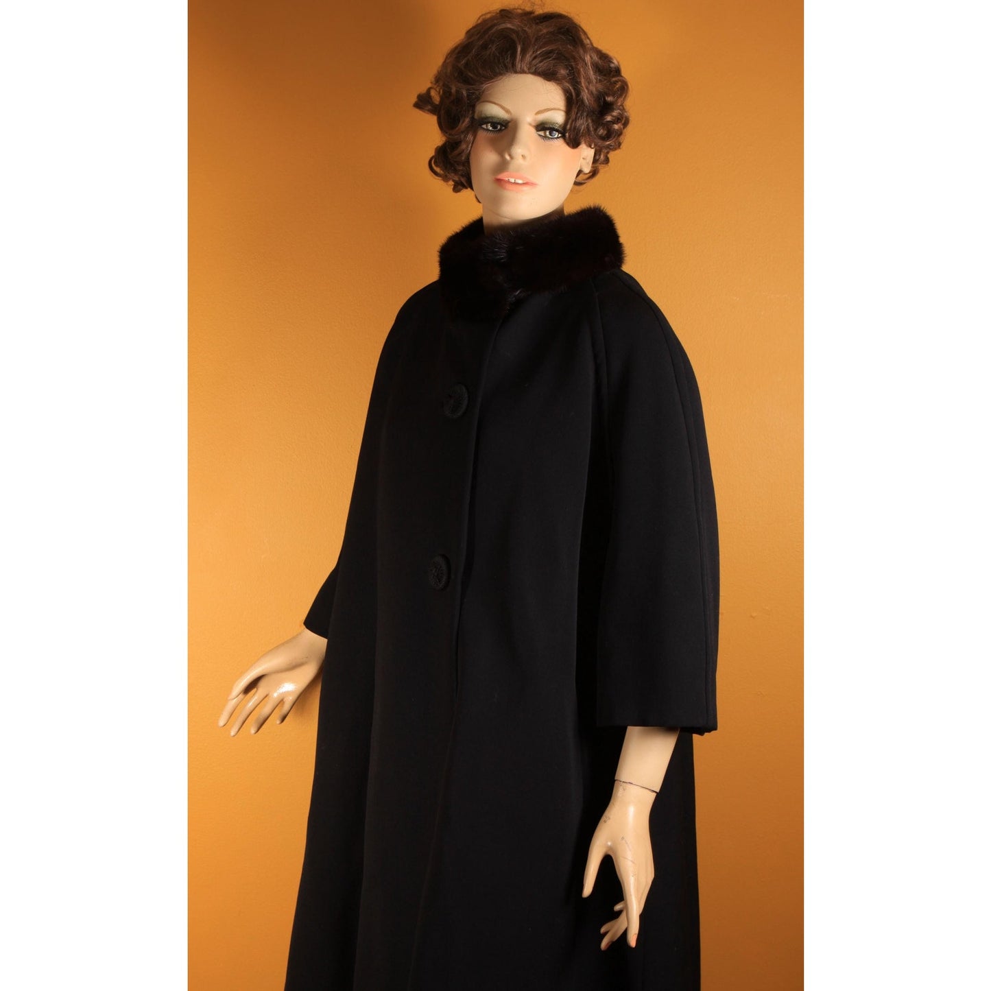 1950s Black Bracelet Sleeve Mink Fur Collar Swing Coat by Netter's -XL