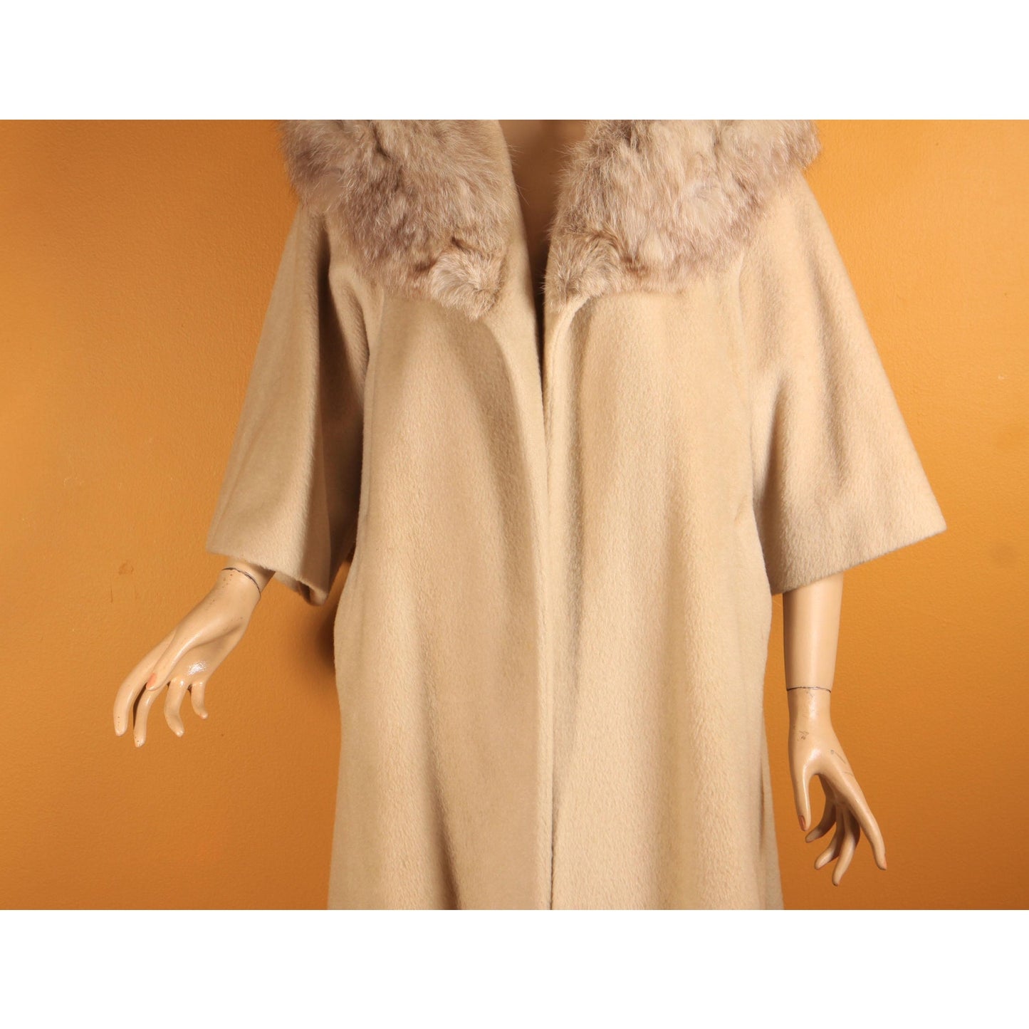 1950s Cream Tan Bracelet Sleeve Fox Fur Collar Swing Coat by Marce Original -M-L