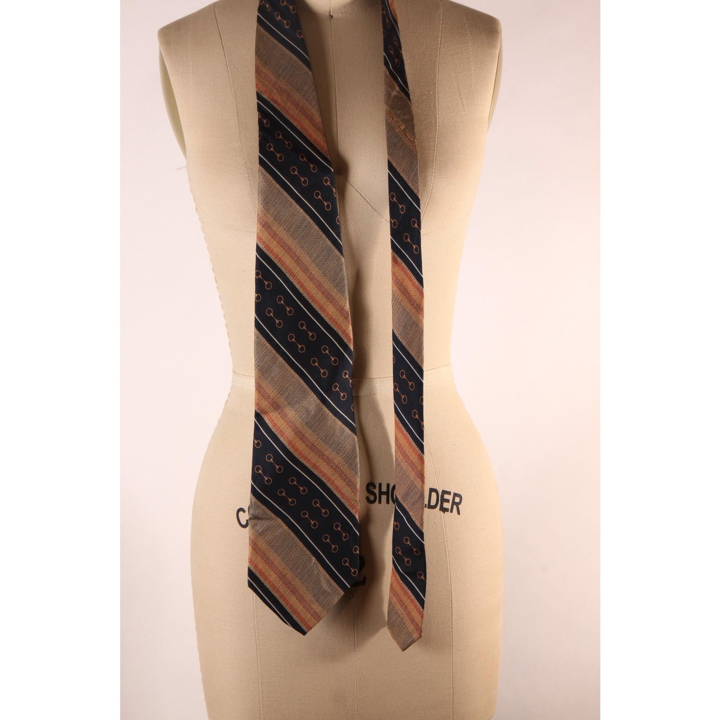 1970s Navy Blue, Brown and Orange Striped Equestrian Bit Horse Necktie Tie