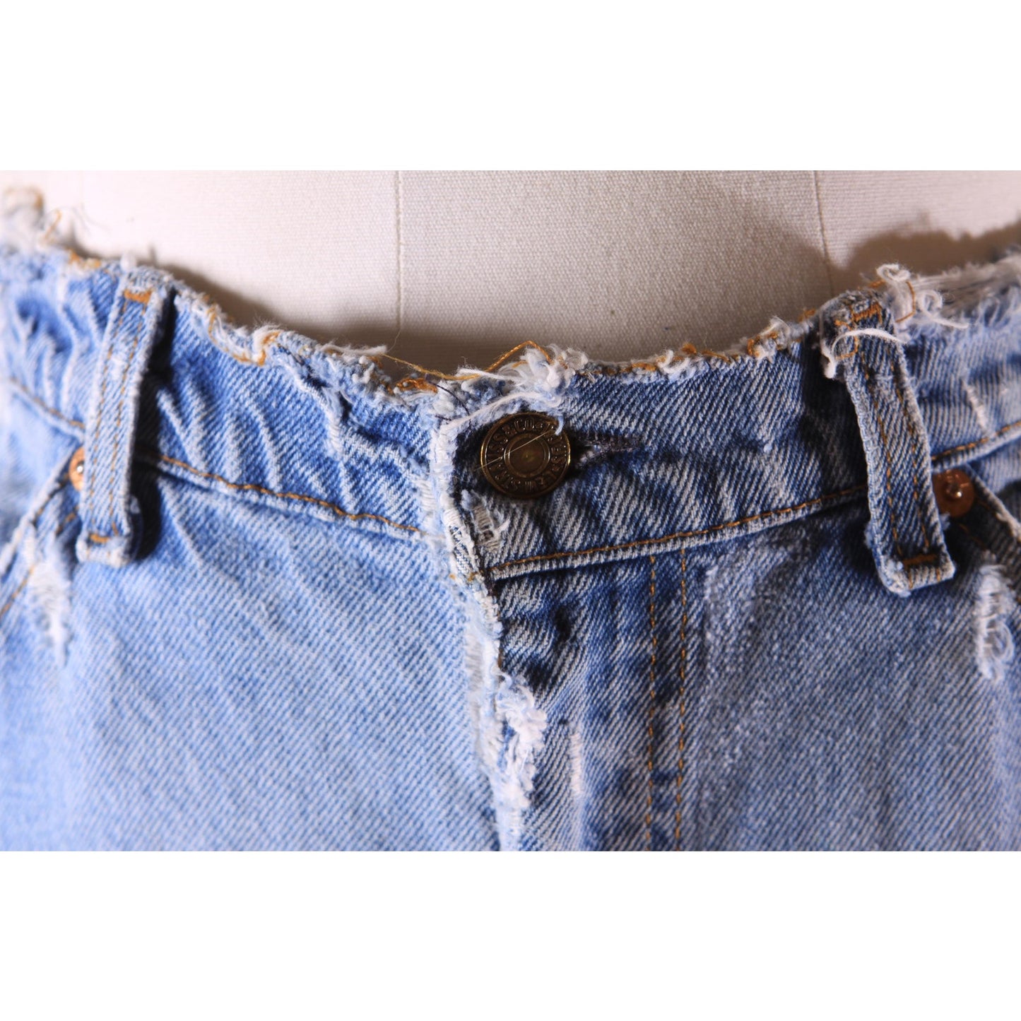 1980s Distressed Patch Fraying Blue Denim Orange Tab 517 Jeans by Levi's -38x30