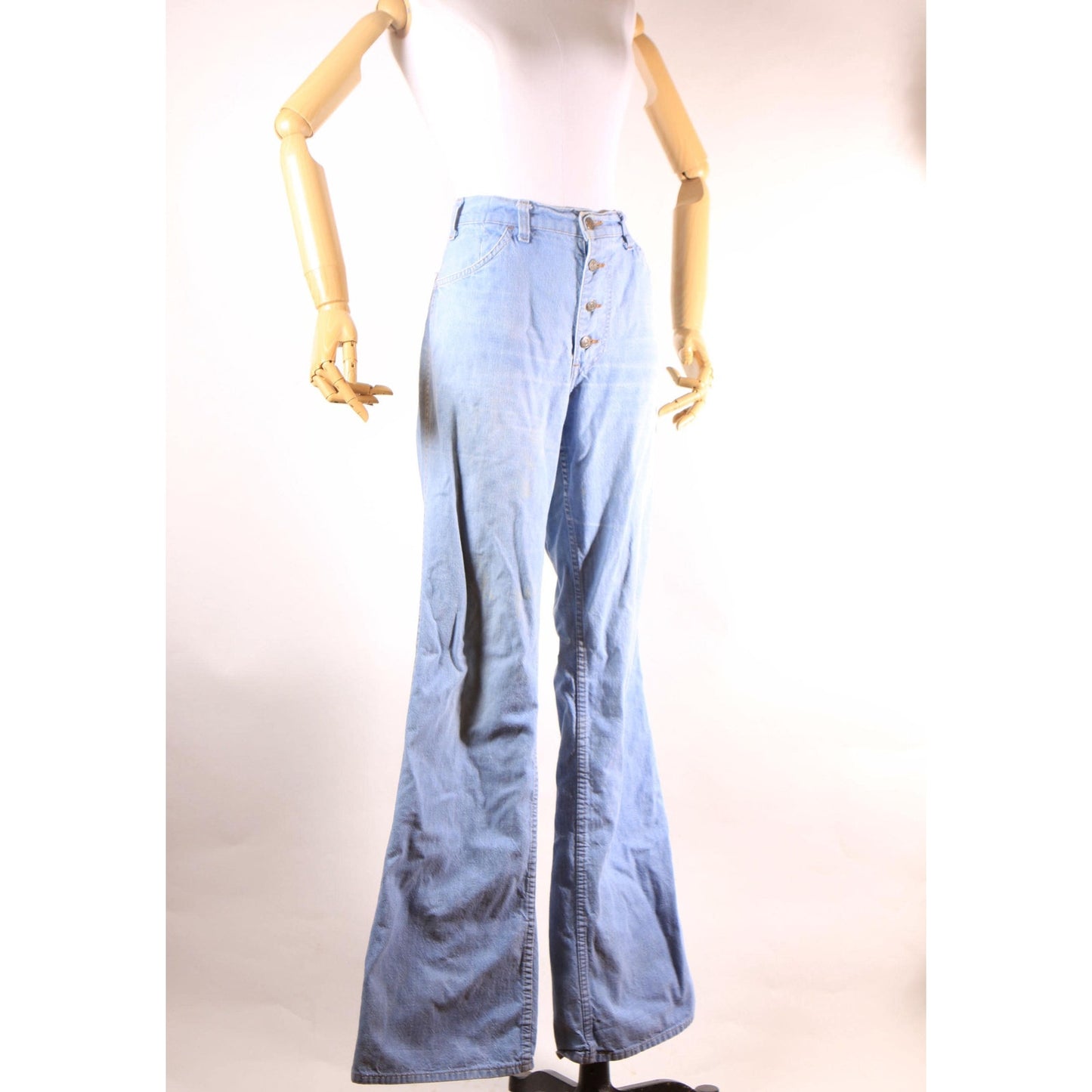 1970s Blue Light Wash Flared Button Fly Denim Orange Tab Jeans by Levi's