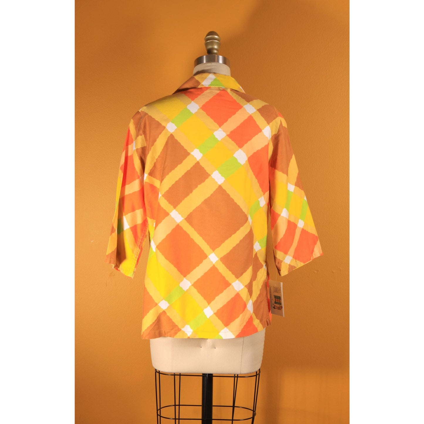 1960s Yellow, Orange, Green and Brown Plaid 3/4 Length Sleeve Button Down Blouse by MLM -L-XL