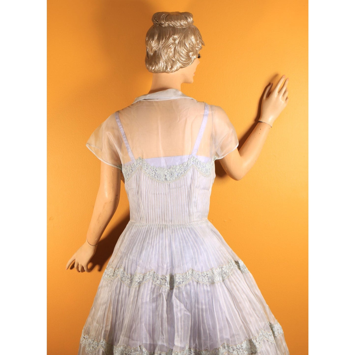1950s Sheer Light Blue Short Sleeved Fit and Flare Floral Lace Trim Dress -L
