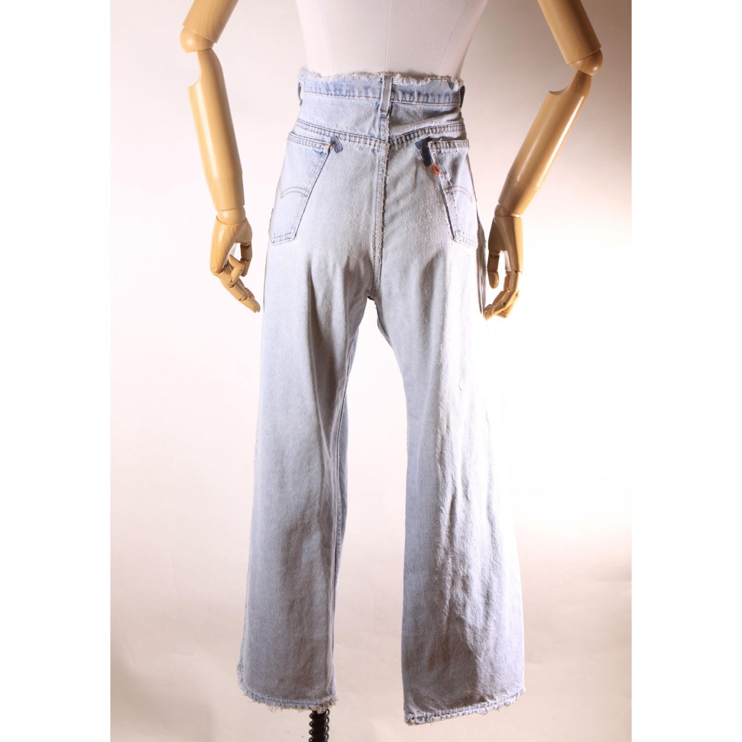 1980s Distressed Patch Fraying Blue Denim Orange Tab 517 Jeans by Levi's -38x29