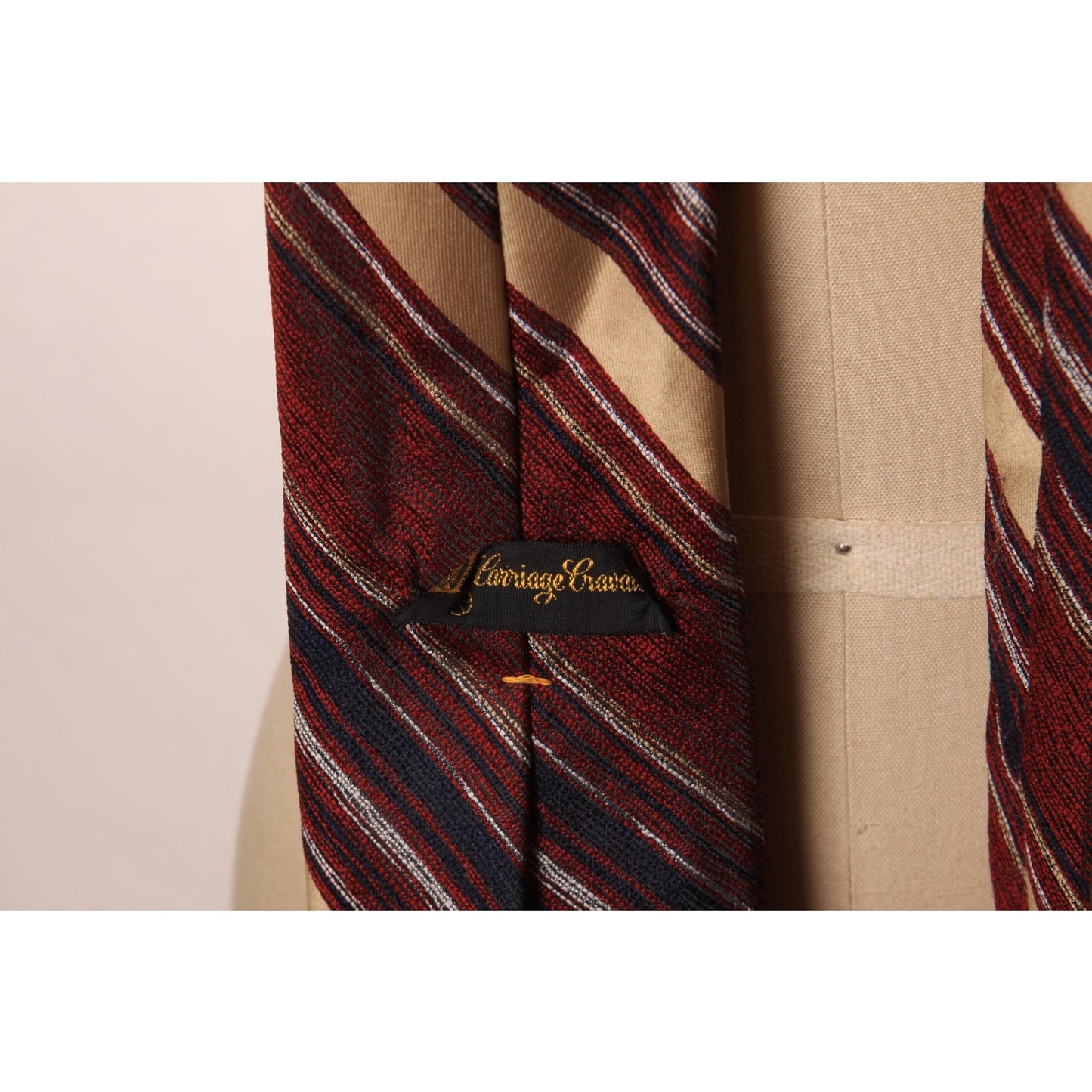 1970s Burgundy, Blue and Tan Striped Wide Necktie Tie by Carriage Cravats