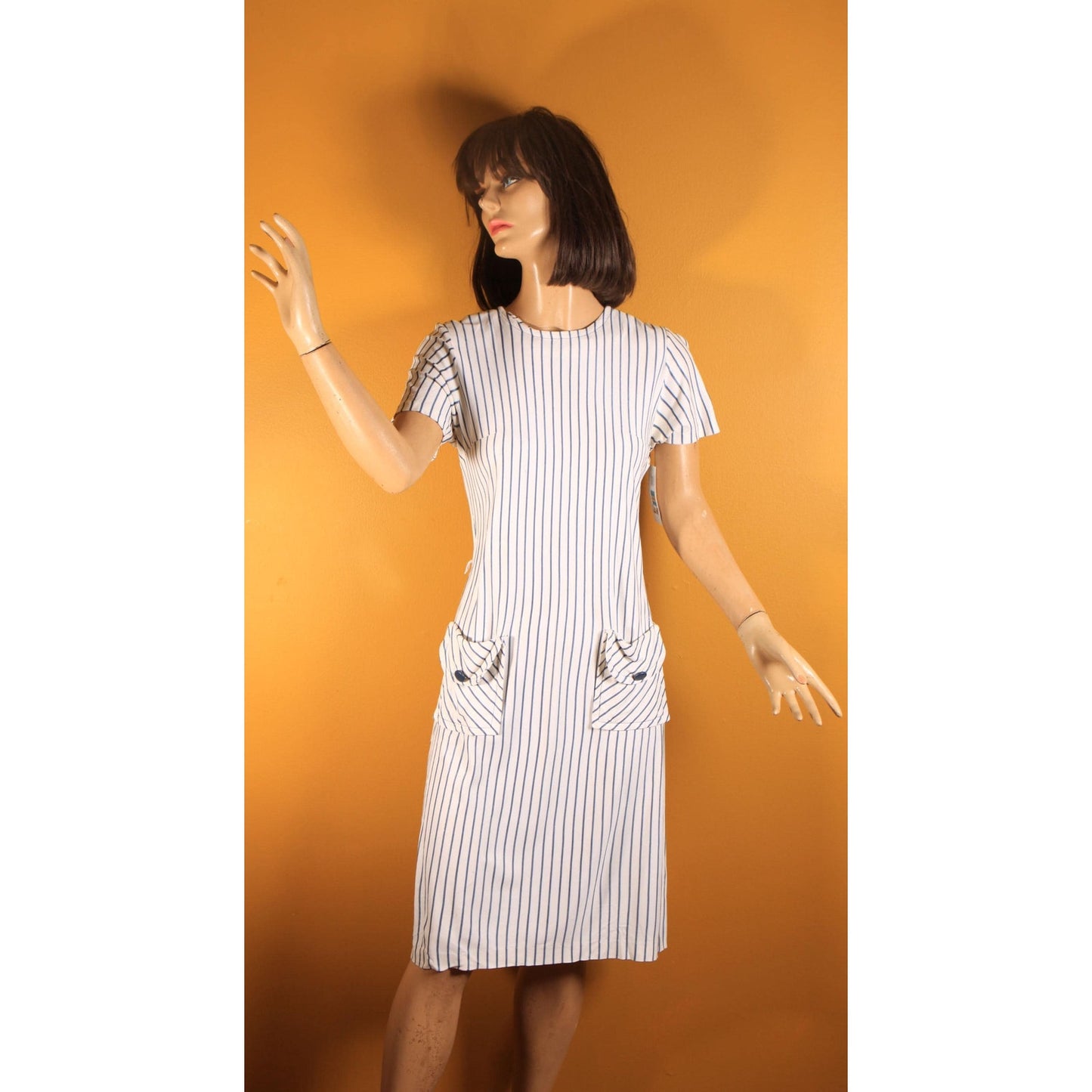 1960s White and Blue Striped Pocket Short Sleeve Dress