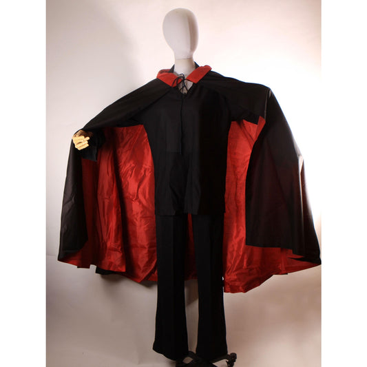 1970s Black and Red Three Piece Dagger Collar Blouse, Pants and Dracula Vampire Cape Halloween Costume -L