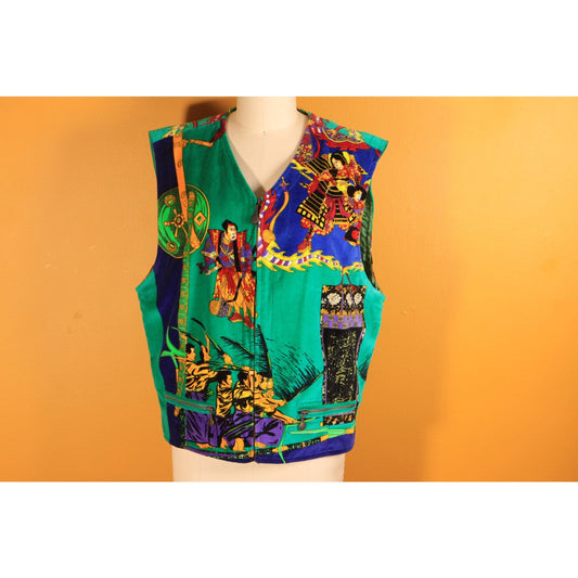 1990s Green and Multi-Colored Novelty Velvet Japanese Samurai Zip Up Vest by Versace Sport -XL-2XL