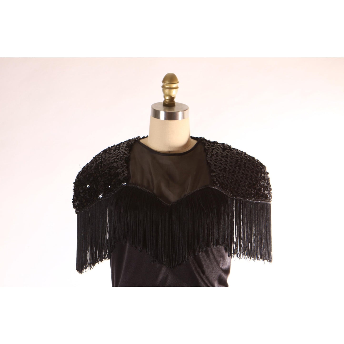 1980s Black Short Sleeve Fringe Keyhole Back Wiggle Dress by Abby Kent -L