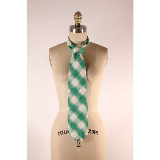 1970s White and Green Plaid Wide Necktie Tie