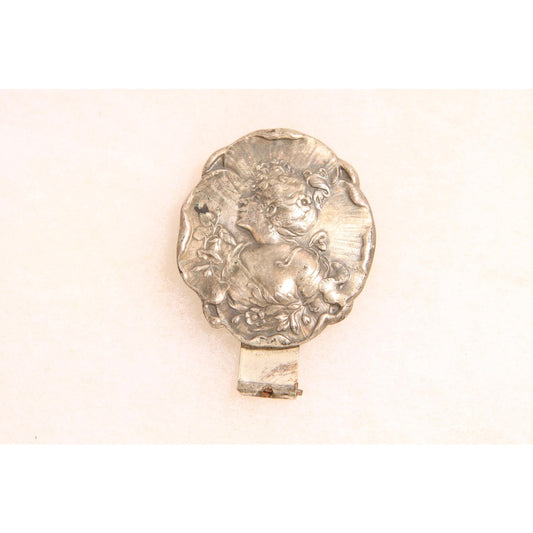1930s Art Nouveau Silver Tone Metal Embossed Gibson Girl Belt Dress Clip