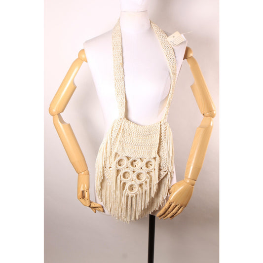 Deadstock 1970s Cream Off White Crochet Fringe Boho Hippie Shoulder Strap Purse
