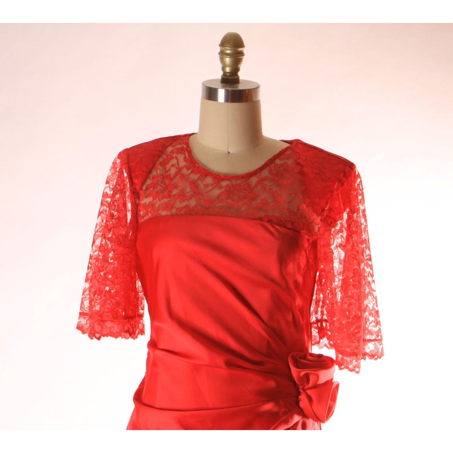 1980s Sheer Red Lace Half Sleeve Draped Drop Waist Rose Detail Lydia Deetz Formal Prom Dress -S