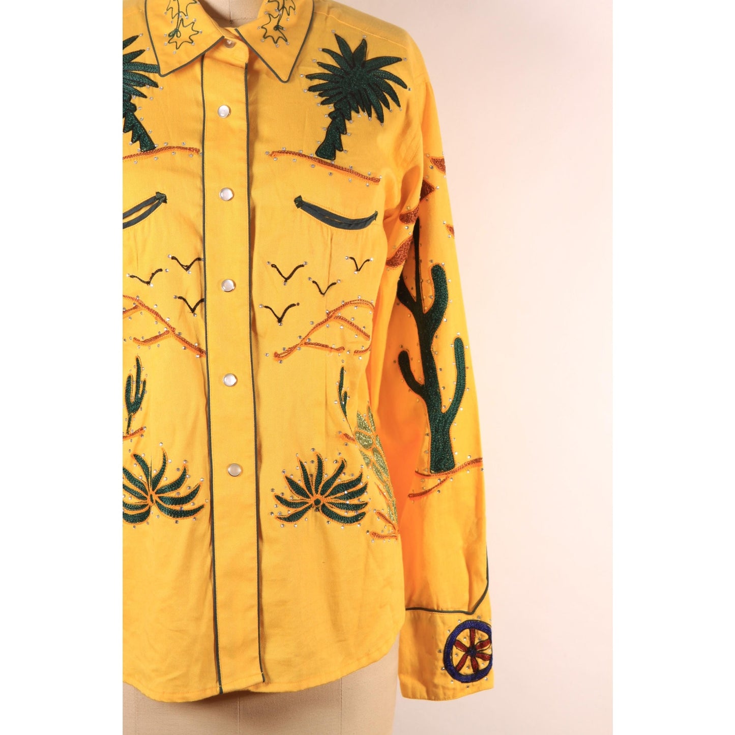 Reproduction Modern Vintage Style Retro Western Porter Wagoner Novelty Cactus and Wagon Embroidered Pearl Snap Shirt by Rockmount Ranch Wear