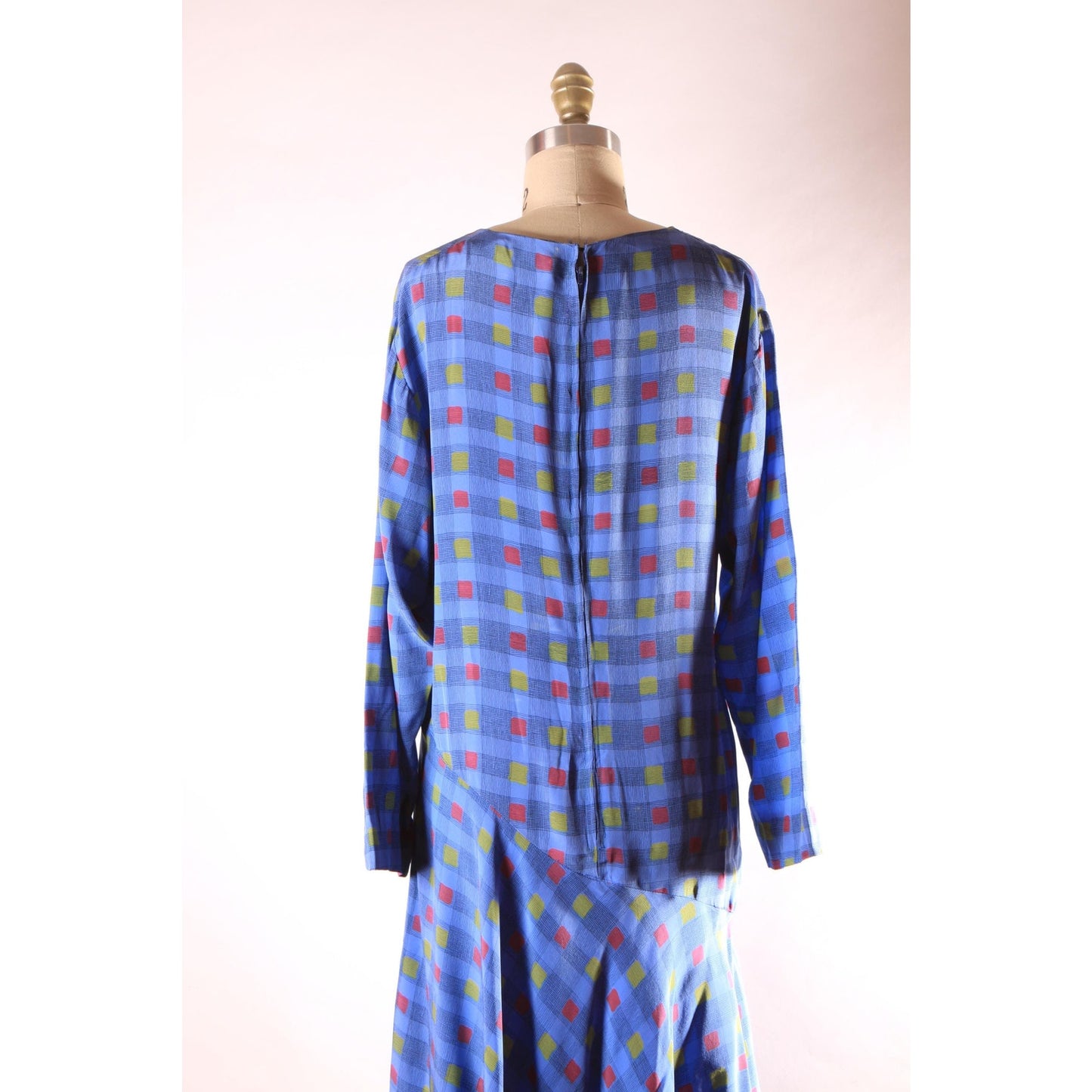 1970s Long Sleeve Blue, Black, Red and Yellow Asymmetrical Drop Waist V Neck Geometric Plaid Dress by Valentino