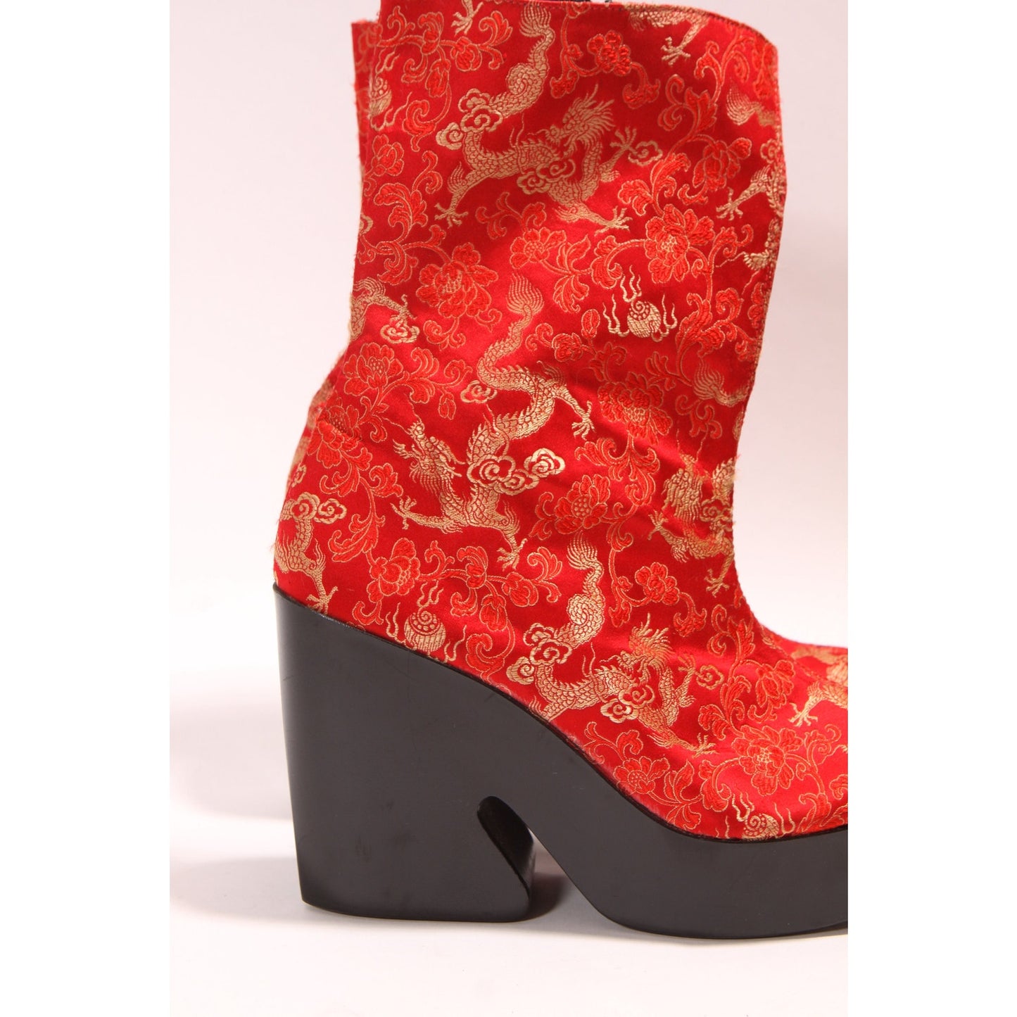 1990s Red, Gold and Black Satin Chinese Dragon Funky Platform High Heel Boots by Scibba -9M