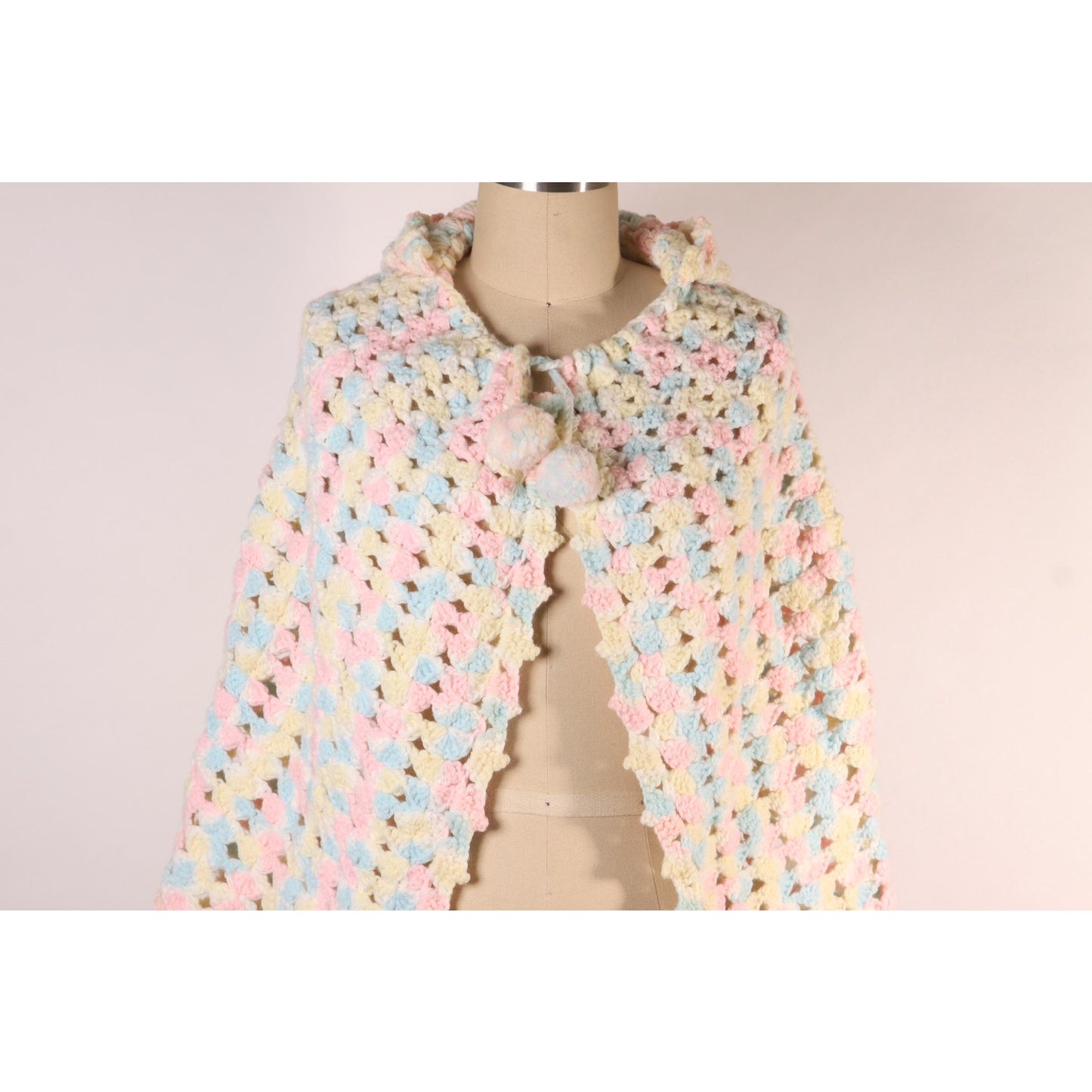 Late 1960s Early 1970s Pastel Pink, Blue and Yellow Crochet Pom Pom Hooded Hood Shawl Wrap