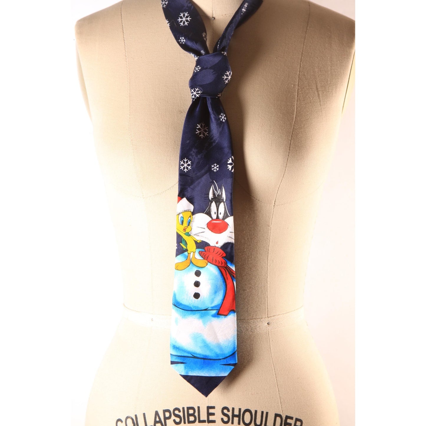 1990s Blue Novelty Tweety Bird and Sylvester Snowman Necktie by Looney Tunes Mania