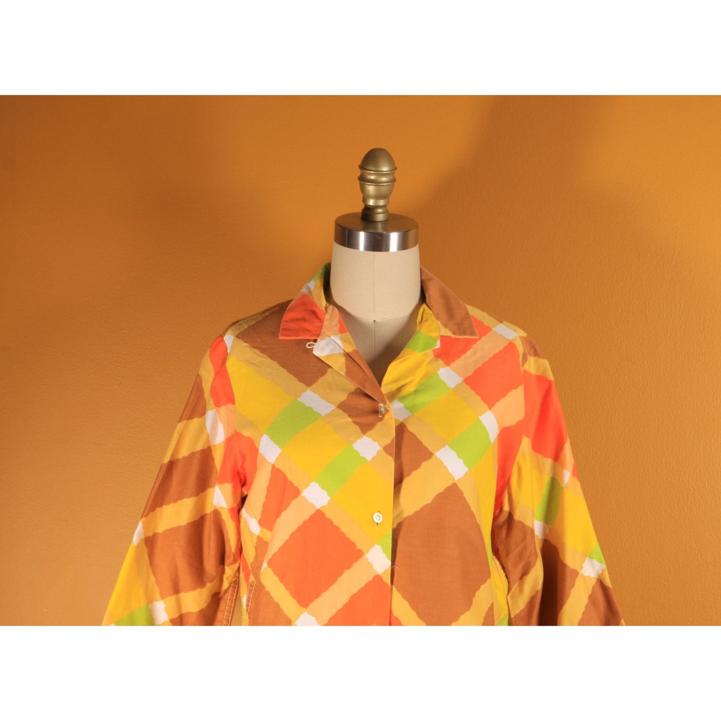 1960s Yellow, Orange, Green and Brown Plaid 3/4 Length Sleeve Button Down Blouse by MLM -L-XL