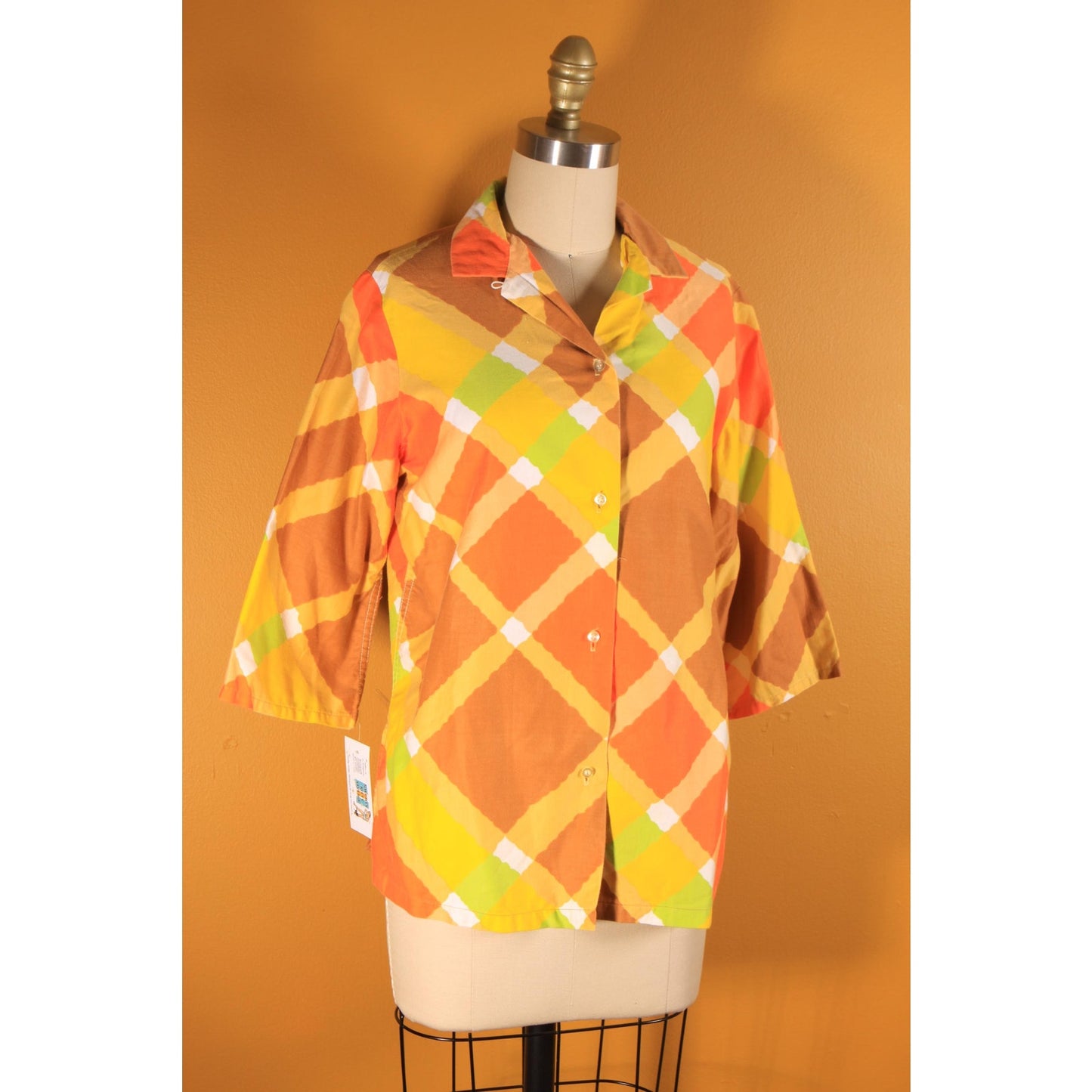 1960s Yellow, Orange, Green and Brown Plaid 3/4 Length Sleeve Button Down Blouse by MLM -L-XL