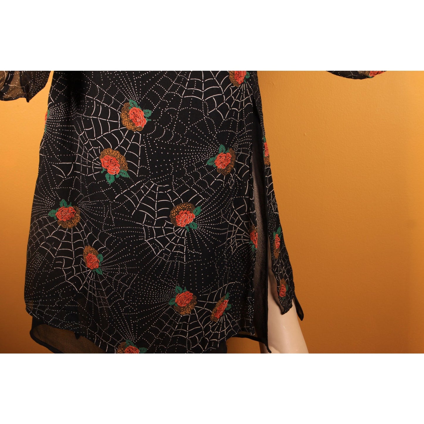 1970s Black, White and Red Novelty Spiderweb and Roses Print Sheer Dress by Saba -S